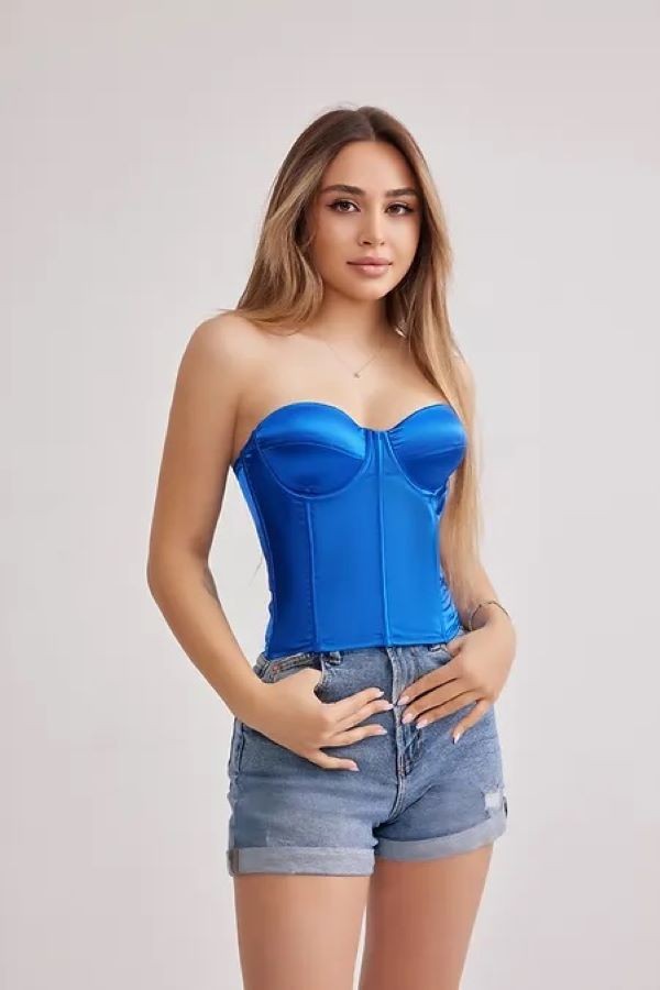 Saten Likralı Crop Top Balenli Push Up Straplez Büstiyer