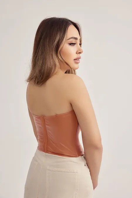 Deri Görünümlü Ekstra Soft Lycralı Crop Top Balenli Push Up Kaplı Büstiyer