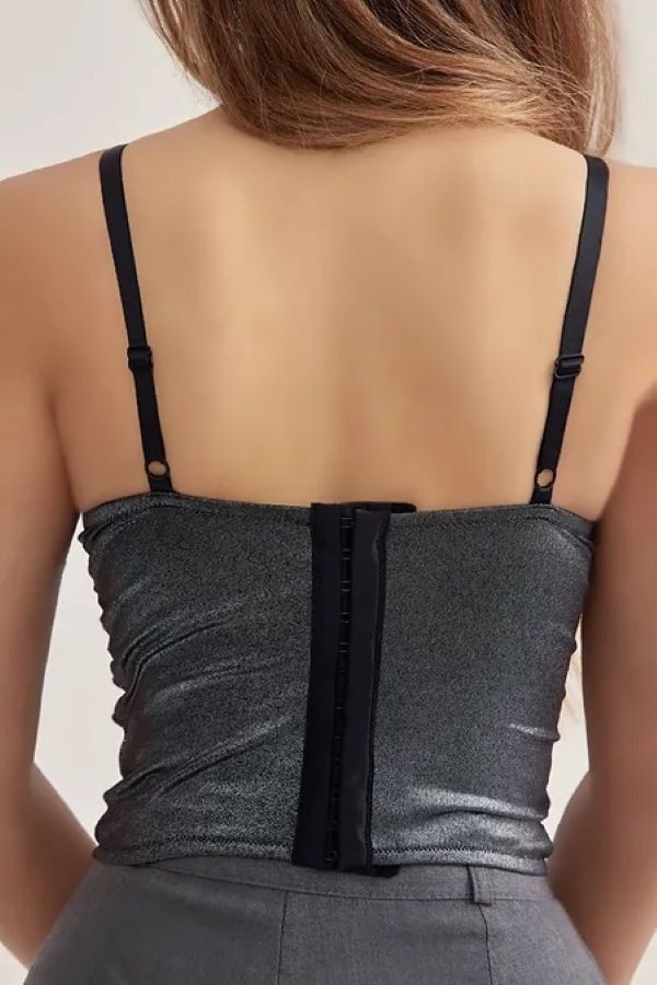 Deri Görünümlü Gümüş Baskılı Ekstra Soft Lycralı Crop Top Balenli Push Up Kaplı