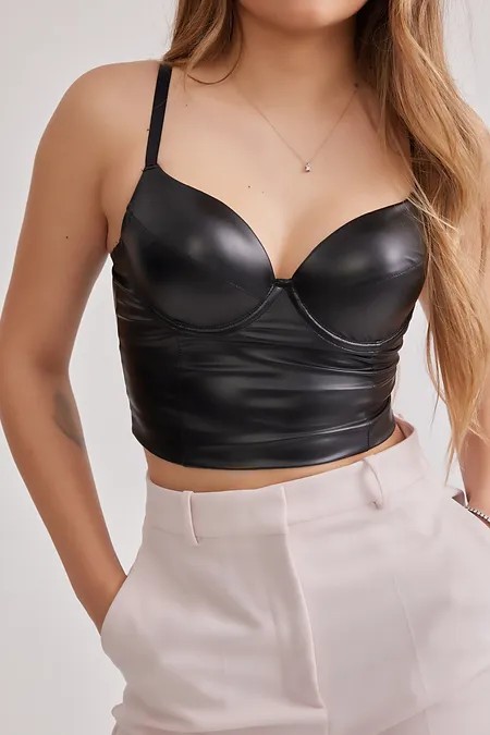 Deri Görünümlü Leopar Baskılı Ekstra Soft Lycralı Crop Top Balenli Push Up Kaplı