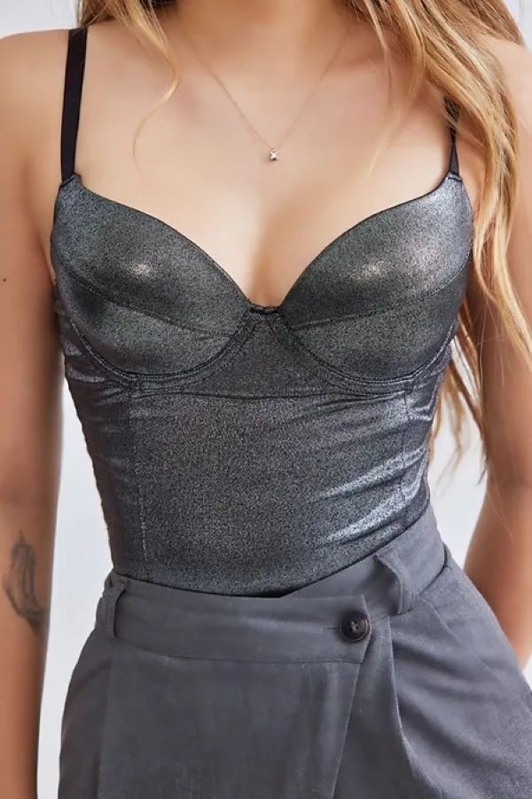 Deri Görünümlü Gümüş Baskılı Ekstra Soft Lycralı Crop Top Balenli Push Up Kaplı