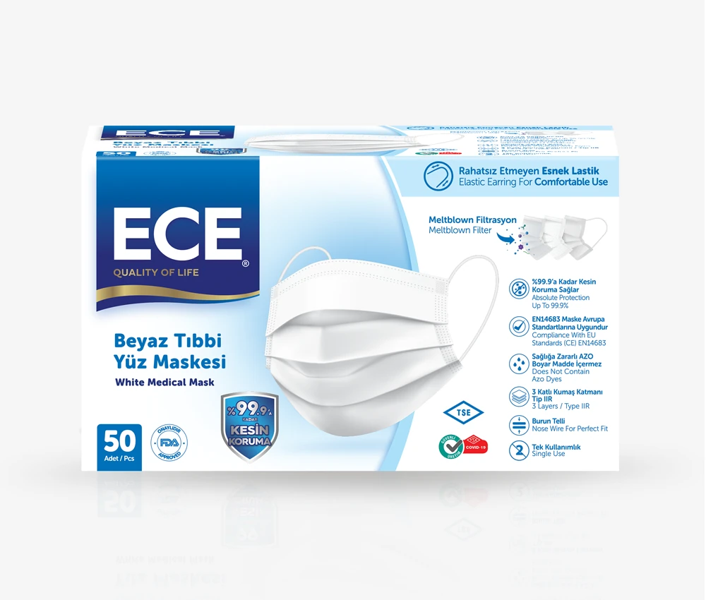 Ece Beyaz 3 Katlı Tıbbi Yüz Maskesi 50 li Paket (Tek Tek Paketli)