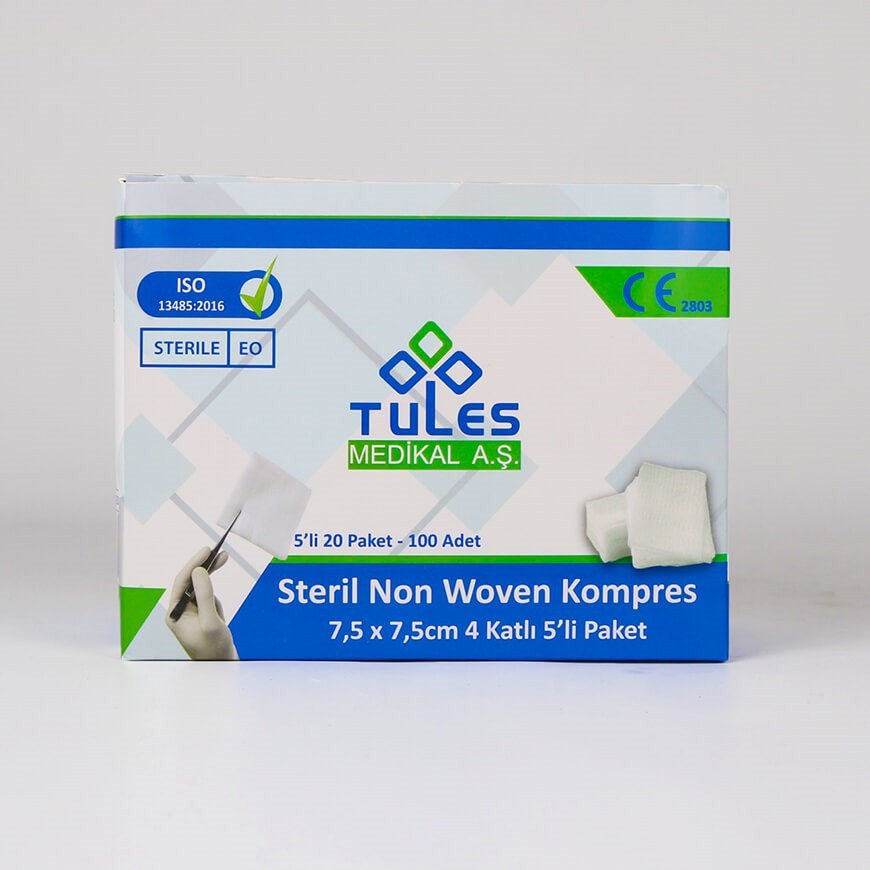 Tules Nonwoven Gaz Kompres Yüksek Emiş Pamuk Doku 7,5 cm x 7,5 cm 5 li ambalaj 100 lü Kutu