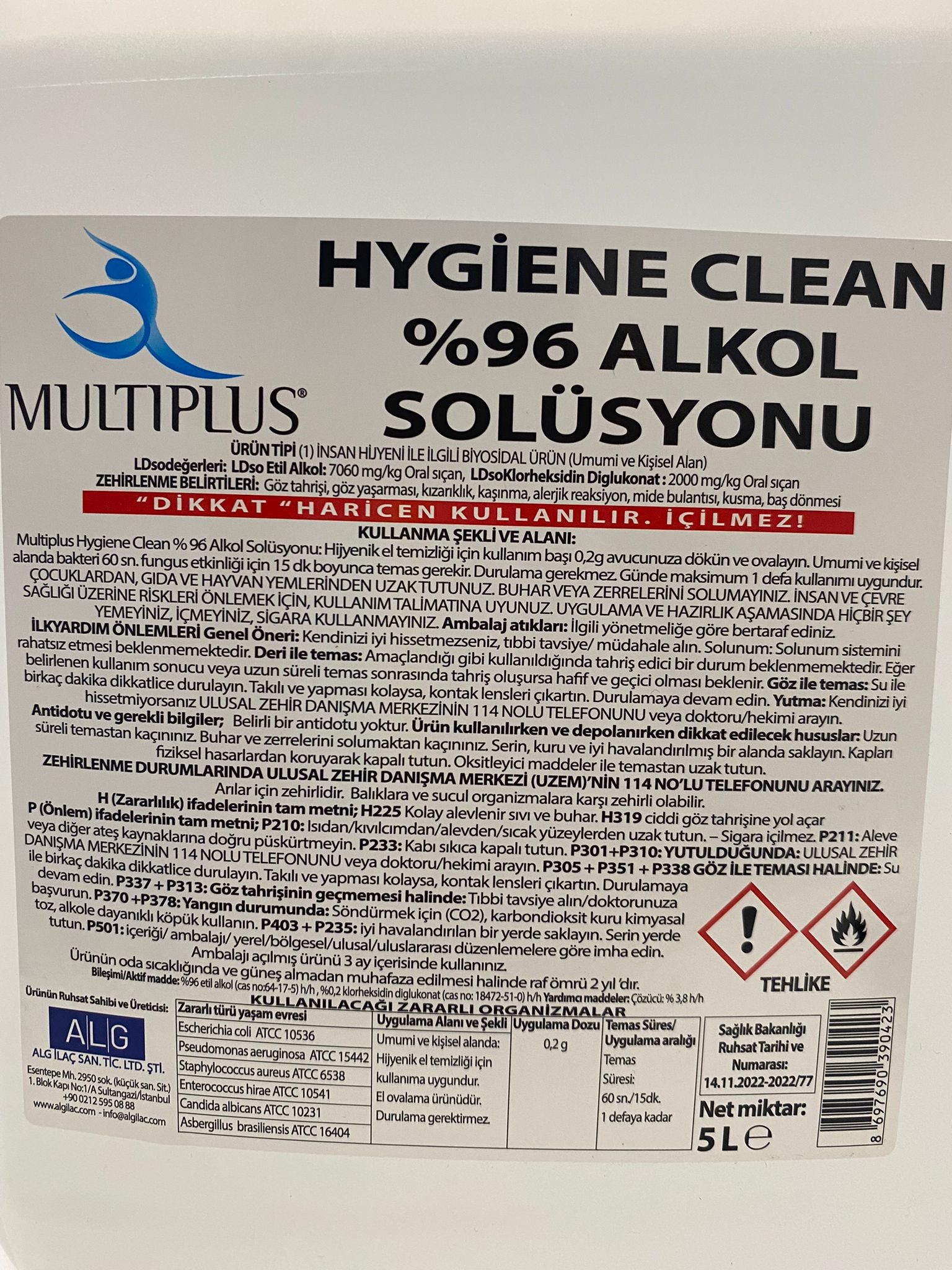 Alkol Etil 5 LT %96 Solüsyon Hijyenik Dezenfektan