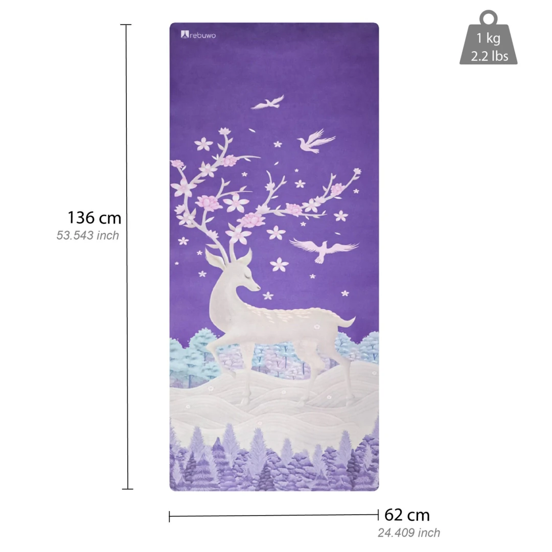 (OUTLET) Rebuwo Mor Geyik Desenli, Kaymaz 4mm Doğal Kauçuk Süet Çocuk Yoga ve Pilates Matı – Eğlenceli & Dayanıklı Purple Deer, Kids Yoga – Fun & Durable