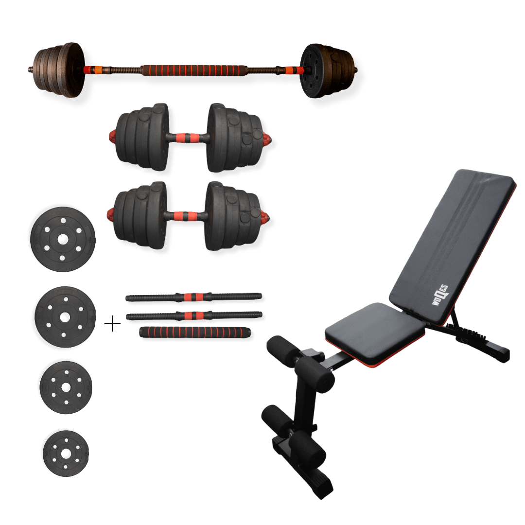 WOQES Çok Fonksiyonlu Ağırlık Antrenman Seti – Bench Sehpası+ 28 kg Dambıl/Bar Seti