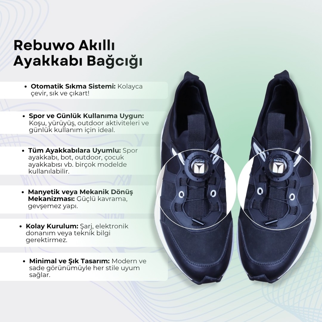 Rebuwo Siyah Akıllı Ayakkabı Bağcığı – Otomatik Sıkma Sistemi ile Spor ve Günlük Kullanım