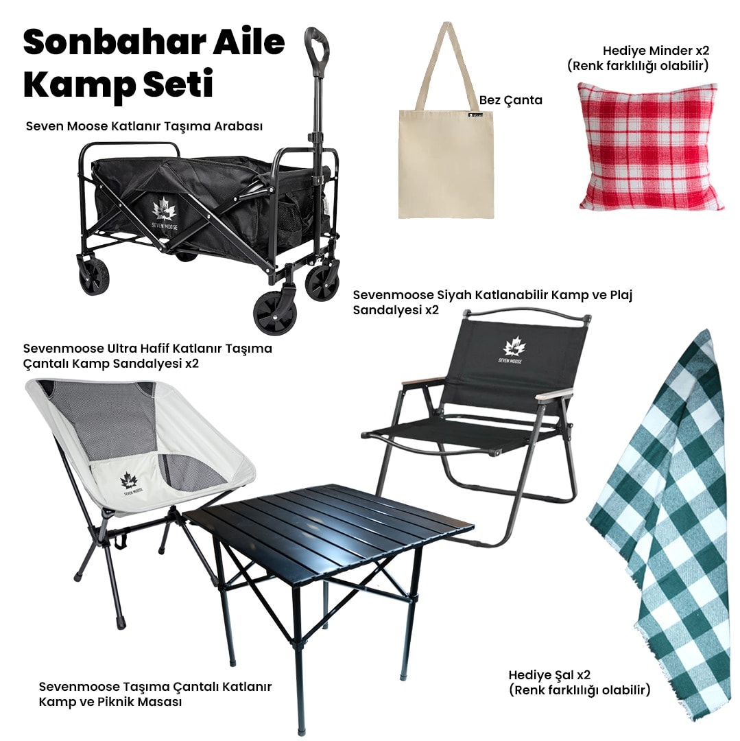 Sevenmoose Sonbahar Aile Kamp Seti – 2 Beyaz Kamp Sandalyesi, 2 Siyah Plaj Sandalyesi, Katlanabilir Kamp Masası, Küçük Boy Kamp Masası, Hediye Şal, 2 Kırmızı Minder ve Bez Çanta