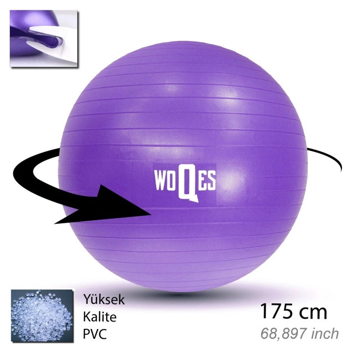 WOQES 65cm Pilates Topu Yüksek Kalite PVC Şişirme Pompası Hediyeli Mor