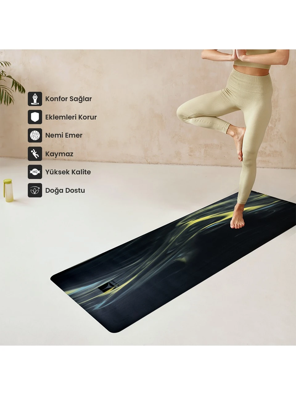 Rebuwo Kaydırmaz Doğal Kauçuk Yoga Matı Pilates Mat Siyah Yeşil Desenli