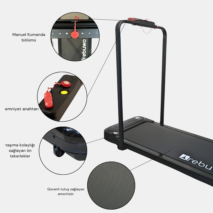 Rebuwo RW12 Bluetoothlu Uzaktan Kumandalı Katlanabilir Koşu Bandı Portatif Yürüyüş Bandı 1.5 HP Motor