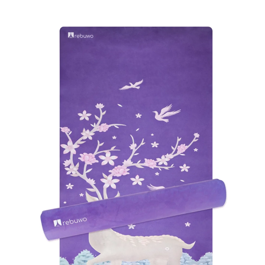 (OUTLET) Rebuwo Mor Geyik Desenli, Kaymaz 4mm Doğal Kauçuk Süet Çocuk Yoga ve Pilates Matı – Eğlenceli & Dayanıklı Purple Deer, Kids Yoga – Fun & Durable