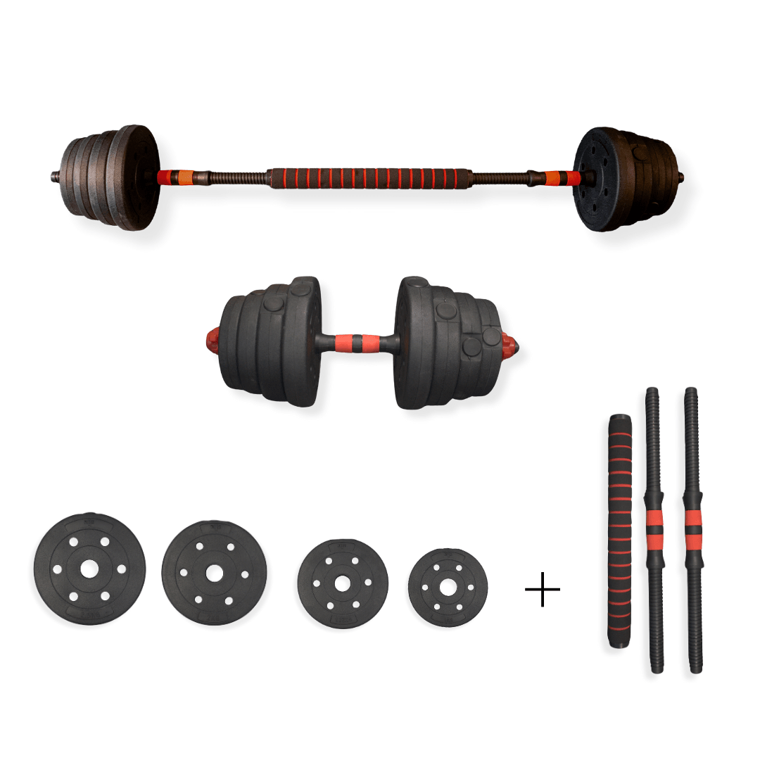 WOQES Çok Fonksiyonlu Dambıl ve Bar Seti 28 kg – Ayarlanabilir Ağırlıklar (2.5-2-1.25-1 kg) + 8 Klipsli