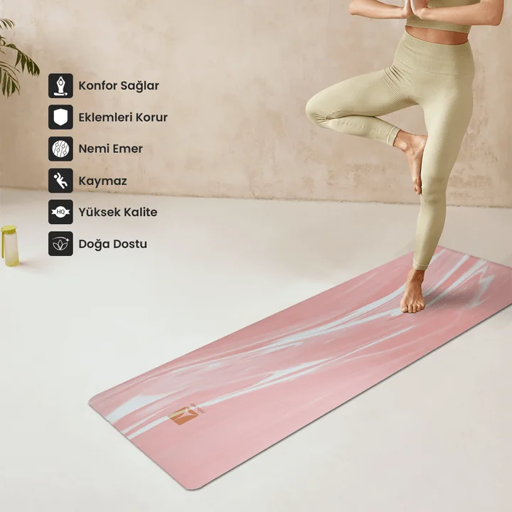 (OUTLET) Rebuwo Kaydırmaz Doğal Kauçuk Yoga ve Pilates Matı - Pembe Desenli, Kaymaz Egzersiz Matı