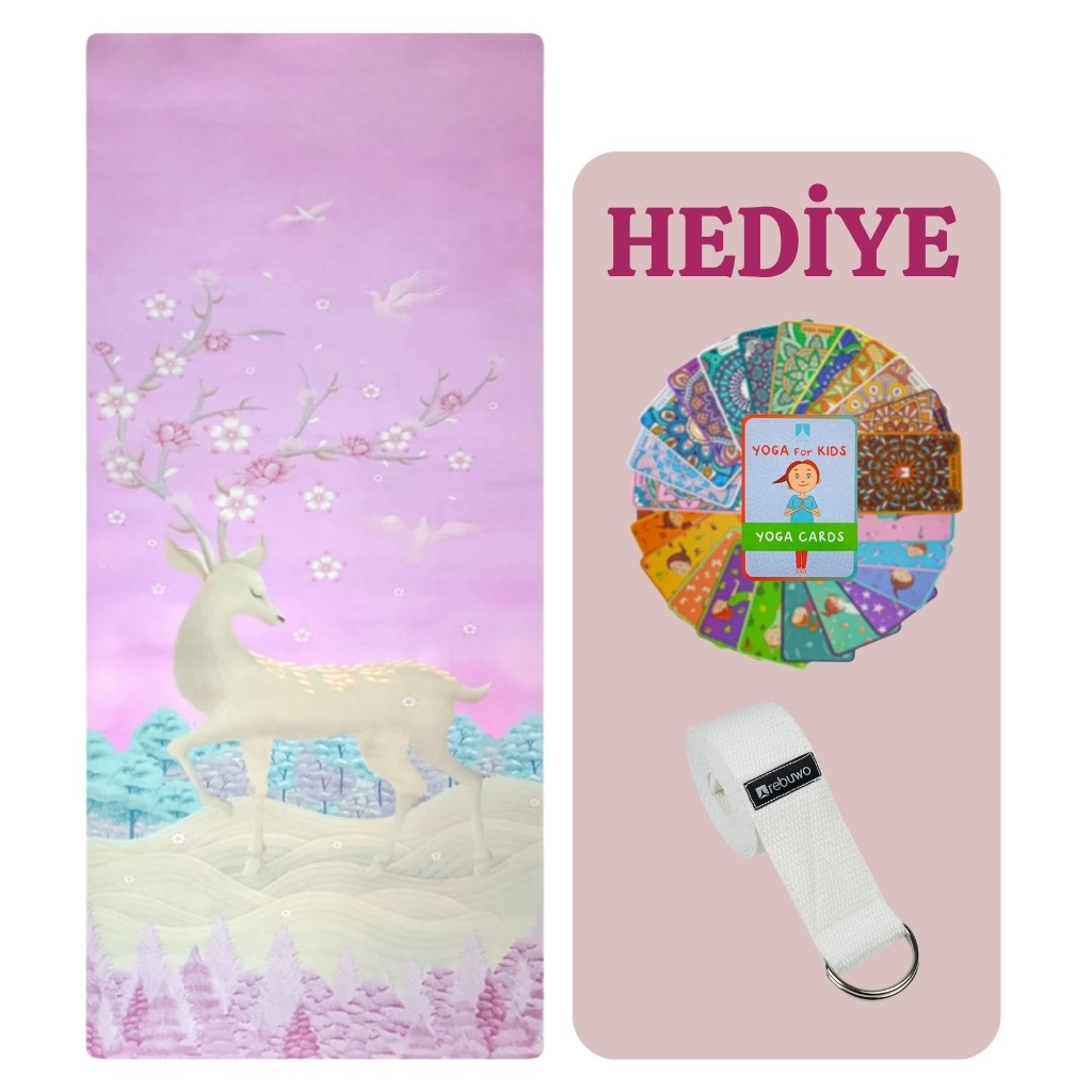 Rebuwo Pembe Geyik Desenli, Kaymaz 4mm Doğal Kauçuk Süet Çocuk Yoga ve Pilates Matı – Eğlenceli & Dayanıklı Pink Deer, Kids Yoga- Fun & Durable 