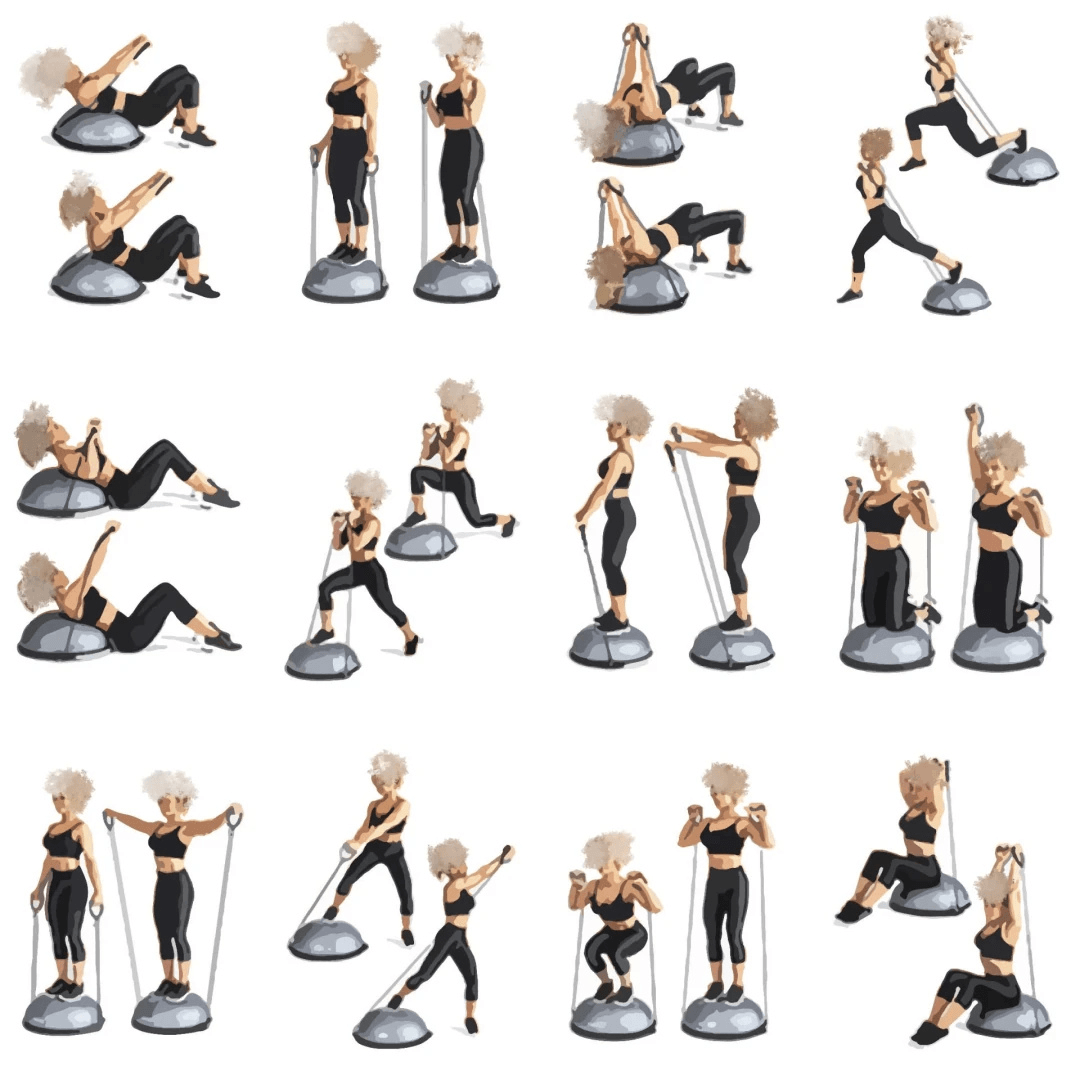 Rebuwo Siyah Bosu Ball Yarı Pilates Denge Topu 60 cm – Direnç Lastikli & Pompa Hediyeli, Ev ve Spor Salonu Egzersiz Aleti