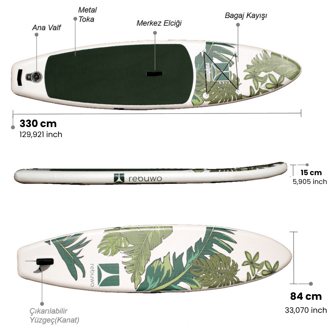 Rebuwo SUP Şişme Sörf Tahtası Stand Up Paddle Board 84*330*15 cm Yeşil Desenli