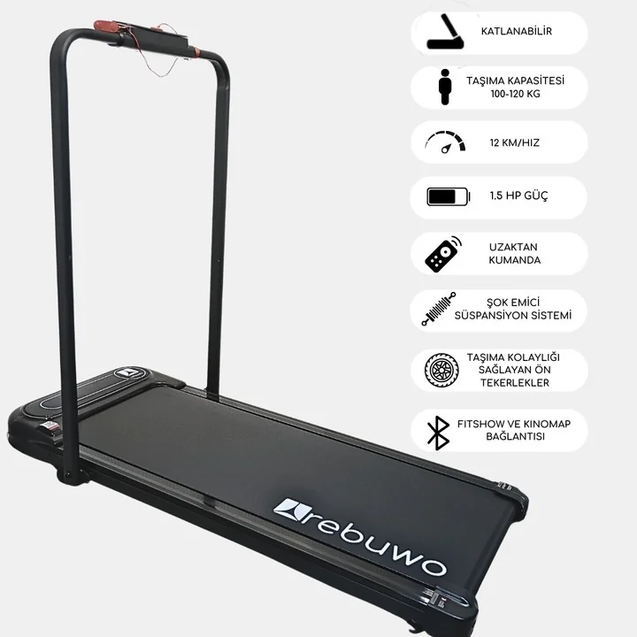 (OUTLET) Rebuwo RW12 Bluetoothlu Uzaktan Kumandalı Katlanabilir Koşu Bandı Portatif Yürüyüş Bandı 1.5 HP Motor