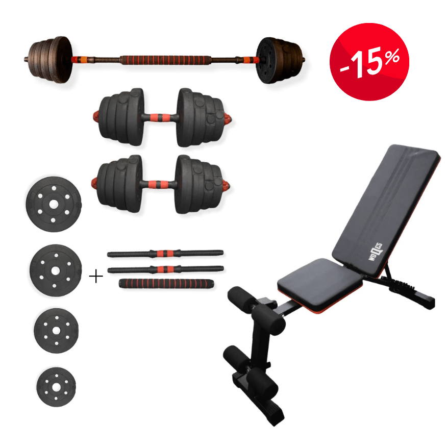 WOQES Çok Fonksiyonlu Ağırlık Antrenman Seti – Bench Sehpası+ 28 kg Dambıl/Bar Seti