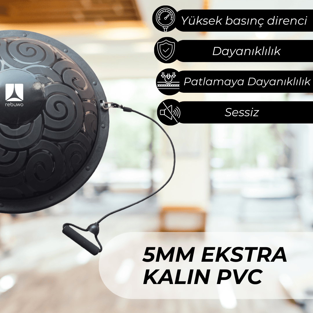 Rebuwo Siyah Bosu Ball Yarı Pilates Denge Topu 60 cm – Direnç Lastikli & Pompa Hediyeli, Ev ve Spor Salonu Egzersiz Aleti