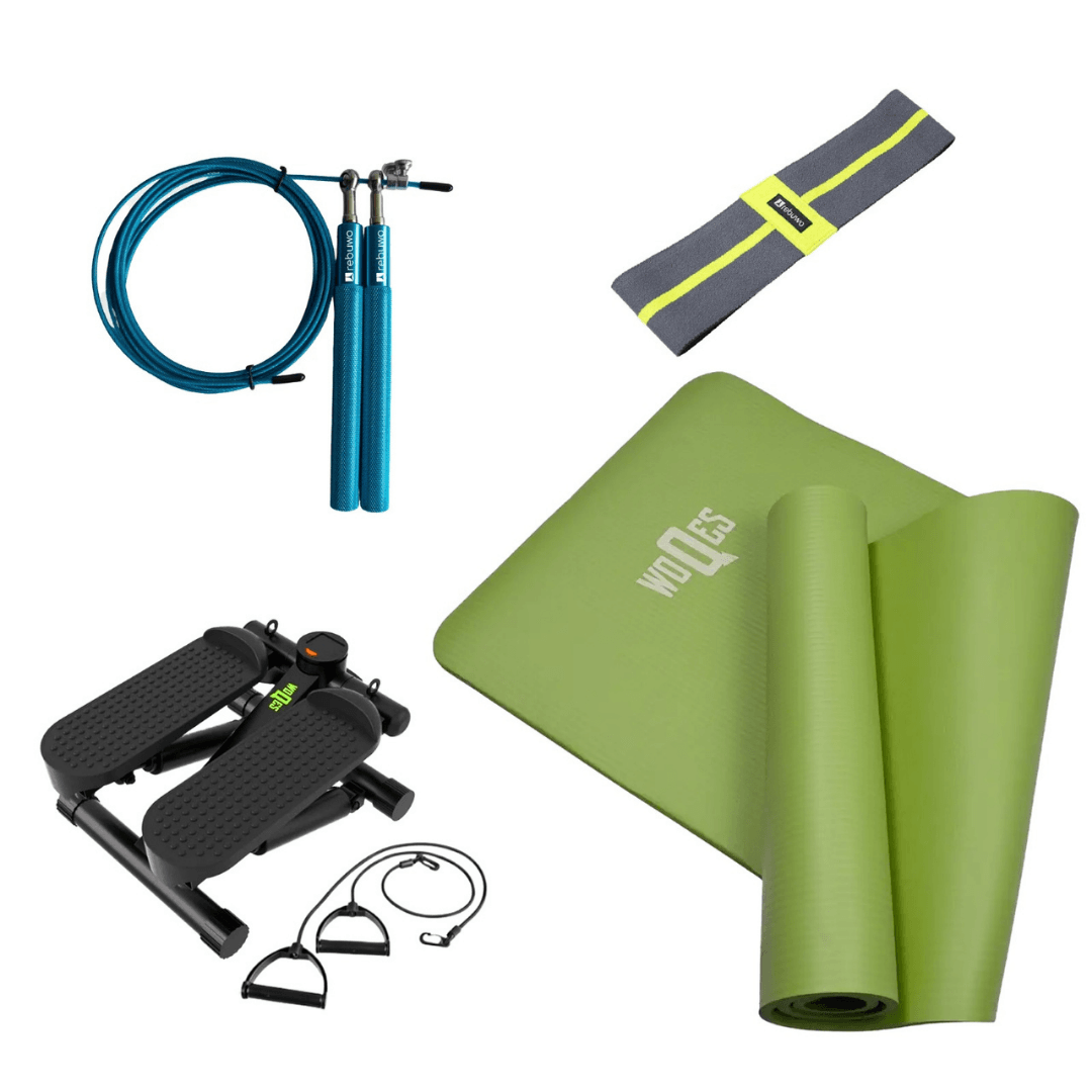 WOQES Kardiyo Seti – Mini Stepper, 35 cm Direnç Bandı, Yeşil NBR Yoga Matı ve Ayarlanabilir Hızlı Atlama İpi | Evde Spor İçin 4’lü Egzersiz Seti