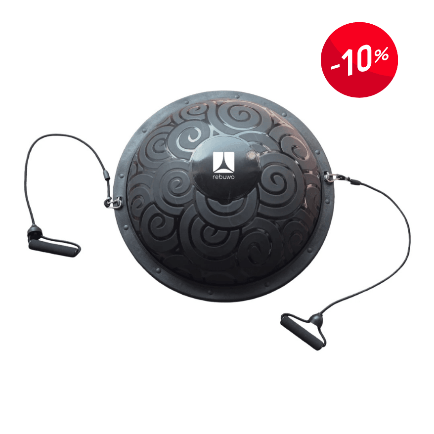 Rebuwo Siyah Bosu Ball Yarı Pilates Denge Topu 60 cm – Direnç Lastikli & Pompa Hediyeli, Ev ve Spor Salonu Egzersiz Aleti
