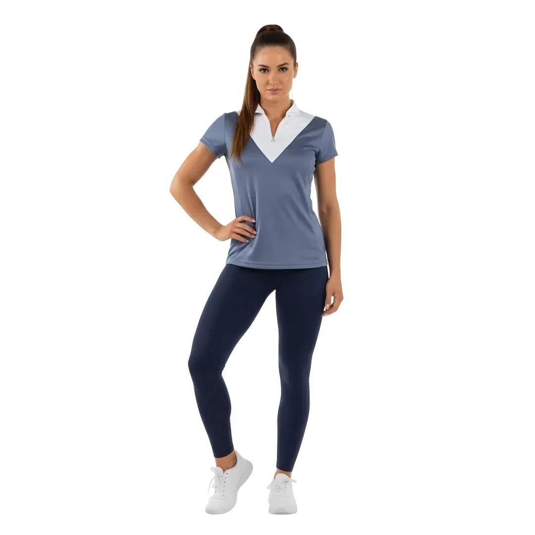 Rebuwo Kadın İndigo Fermuarlı Tshirt- V Yaka,Kısa Kollu,Nefes Alabilen Kumaş