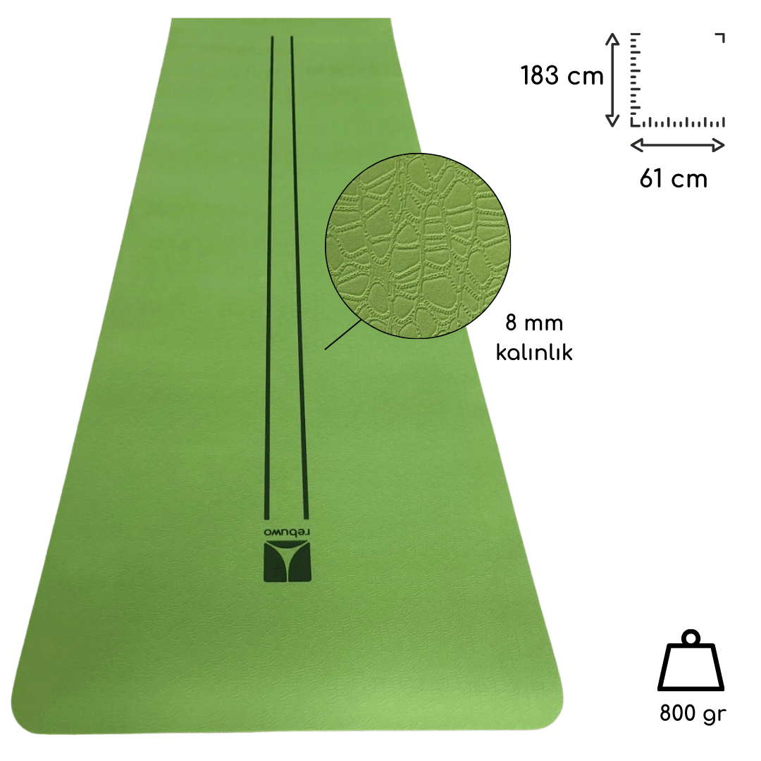 Rebuwo Çift Çizgi Tasarımlı TPE Yoga Pilates Matı 8 mm Kaymaz Hafif Taşınabilir - Koyu Yeşil