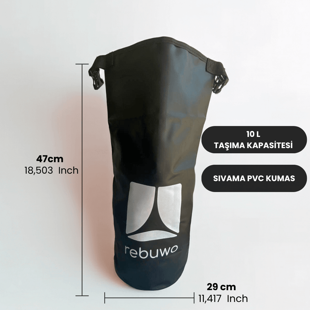 Rebuwo Su Geçirmez Çanta (Siyah) 10 L – Yuvarlanabilir Üst Kapanış ve Omuza Askı | Kano, SUP Board