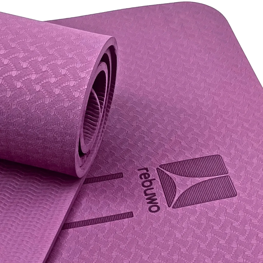 (OUTLET) Rebuwo Mor Çift Çizgili 8mm Kalın TPE Yoga ve Pilates Matı | Kaymaz, Konforlu, Ekstra Kalın Spor Matı Mor