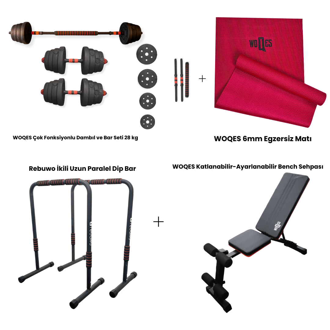 Woqes & Rebuwo Full Body Antrenman Seti | 28 kg WOQES Ayarlanabilir Dambıl & Bar Set +WOQES Katlanabilir-Ayarlanabilir Bench Sehpası+ Rebuwo İkili Uzun Paralel Dip Bar +WOQES 6 mm Egzersiz Matı (Kırmızı)