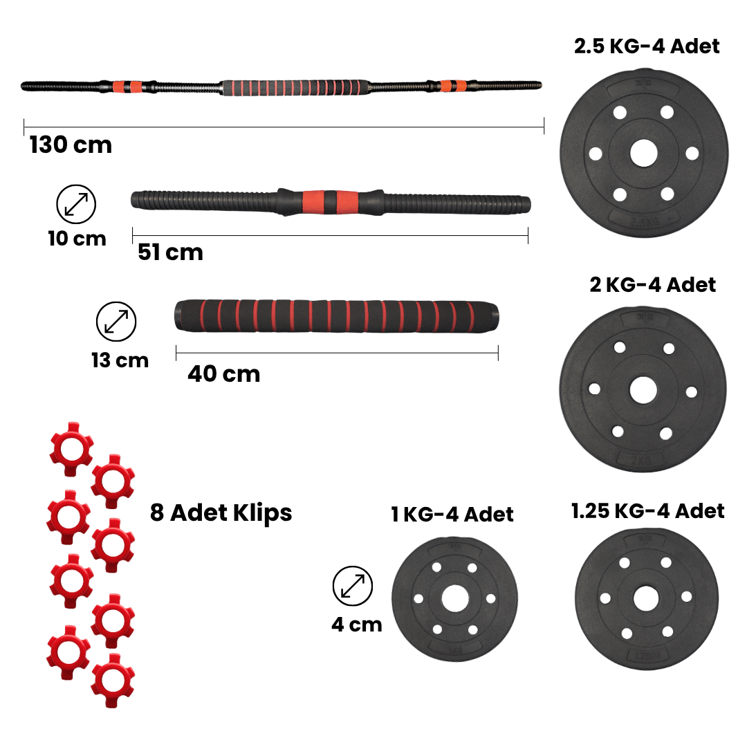 WOQES Çok Fonksiyonlu Dambıl ve Bar Seti 28 kg – Ayarlanabilir Ağırlıklar (2.5-2-1.25-1 kg) + 8 Klipsli