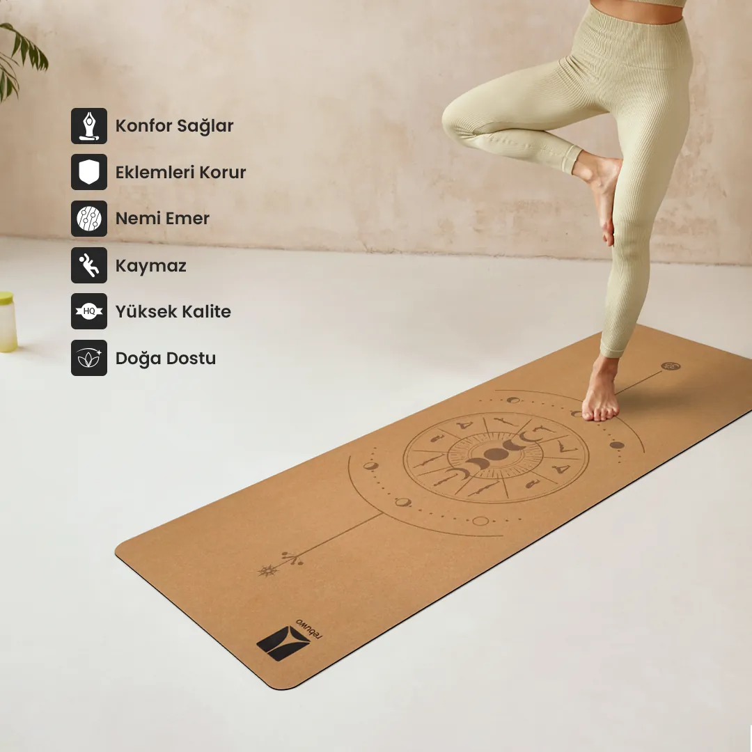 (OUTLET) Rebuwo 5mm Doğal Mantar Kauçuk Yoga Matı Pilates Minderi - Yoga Poz Desenli 