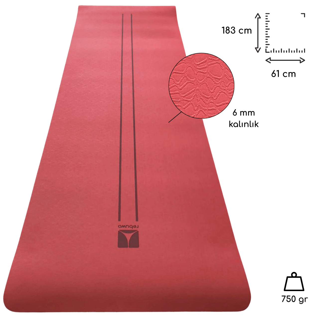 Rebuwo Çift Çizgi Tasarımlı TPE Yoga Pilates Matı 6mm Kaymaz Hafif Taşınabilir - Bordo