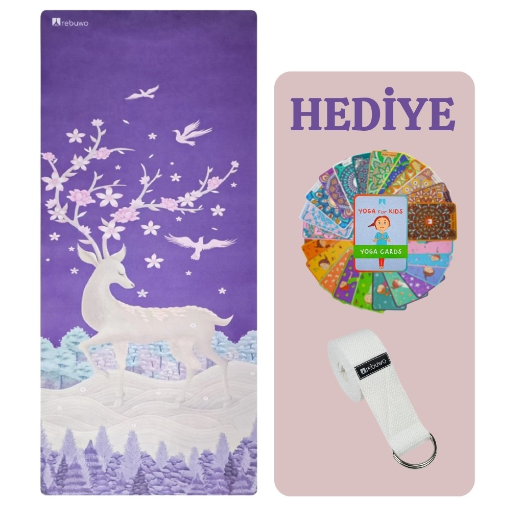 Rebuwo Mor Geyik Desenli, Kaymaz 4mm Doğal Kauçuk Süet Çocuk Yoga ve Pilates Matı – Eğlenceli & Dayanıklı Purple Deer, Kids Yoga – Fun & Durable