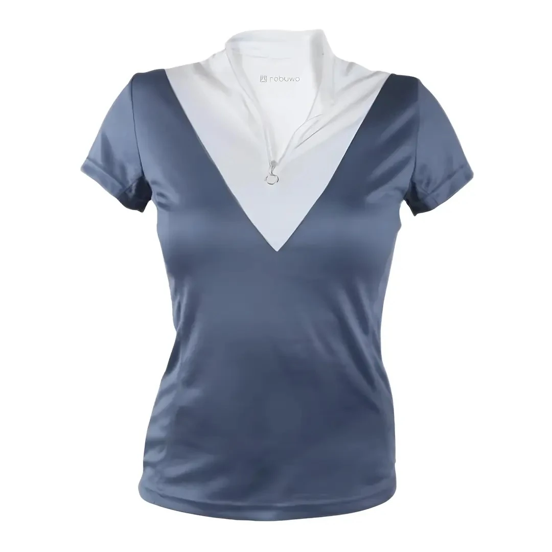 Rebuwo Kadın İndigo Fermuarlı Tshirt- V Yaka,Kısa Kollu,Nefes Alabilen Kumaş