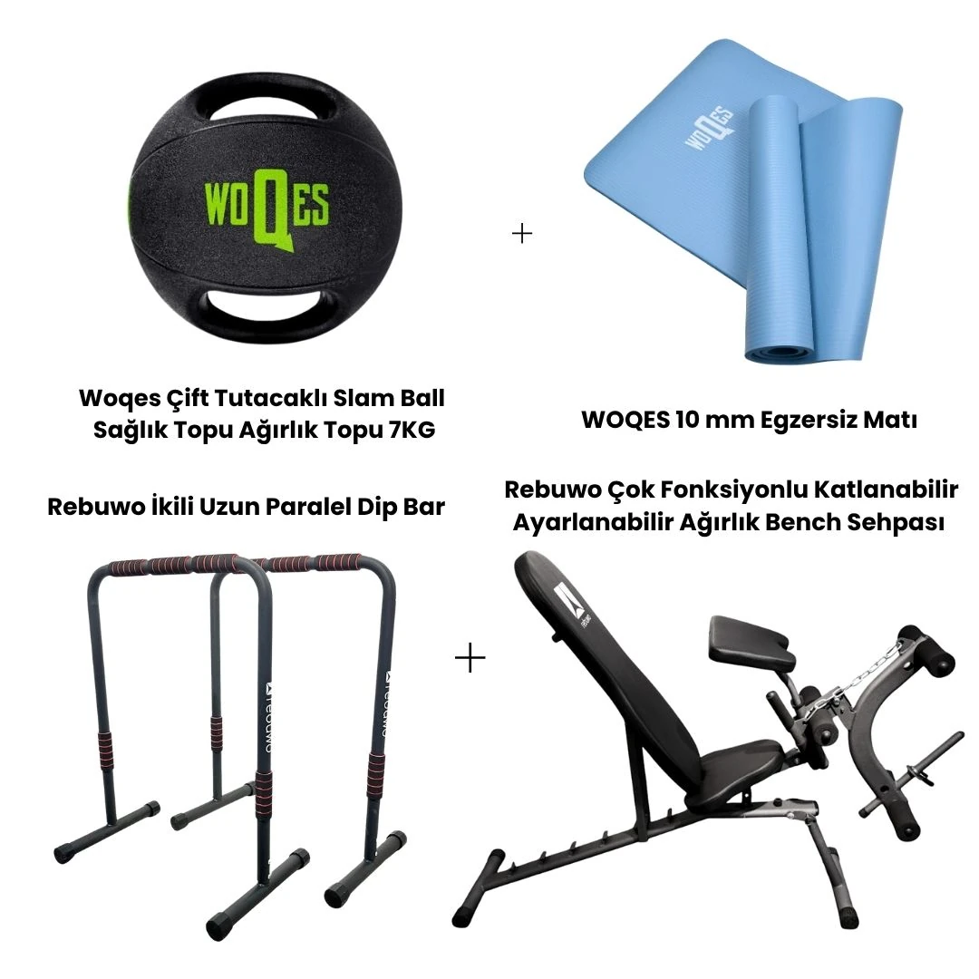 Woqes & Rebuwo Fitness Seti | Woqes Çift Tutacaklı Slam Ball Sağlık Topu Ağırlık Topu 7KG + İkili Paralel Dip Bar + WOQES 10 mm NBR Yoga Matı(Mavi)