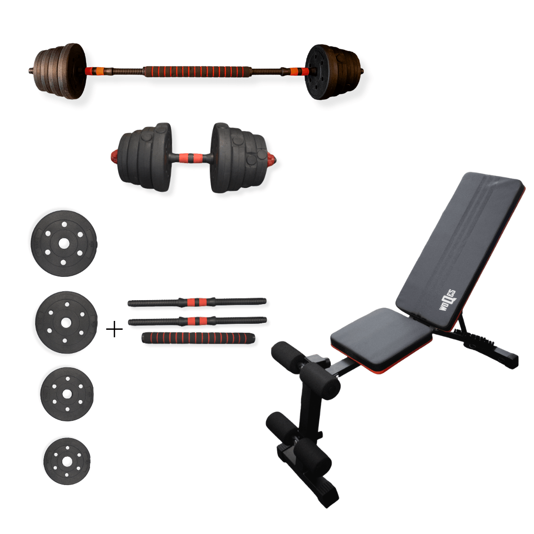 WOQES Çok Fonksiyonlu Ağırlık Antrenman Seti – Bench Sehpası+ 28 kg Dambıl/Bar Seti