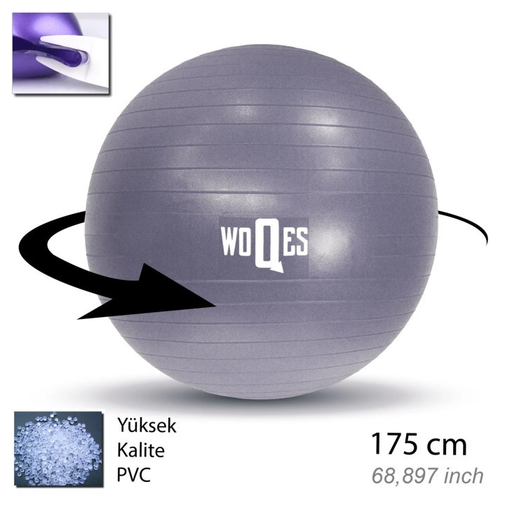 WOQES 65cm Pilates Topu Yüksek Kalite PVC Şişirme Pompası Hediyeli Gri