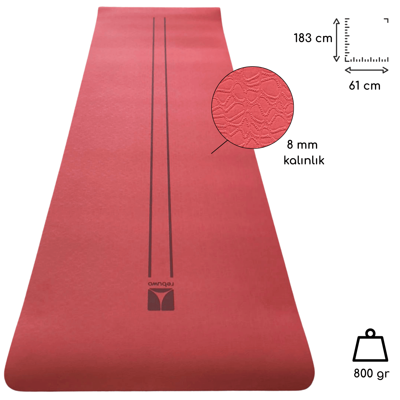 Rebuwo Çift Çizgi Tasarımlı TPE Yoga Pilates Matı 8 mm Kaymaz Hafif Taşınabilir - Bordo