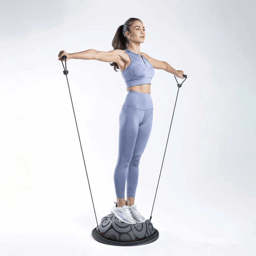 Rebuwo Siyah Bosu Ball Yarı Pilates Denge Topu 60 cm – Direnç Lastikli & Pompa Hediyeli, Ev ve Spor Salonu Egzersiz Aleti