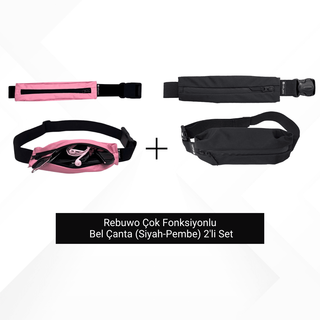 Rebuwo Çok Fonksiyonlu  Bel Çanta (Siyah-Pembe) 2'li Set