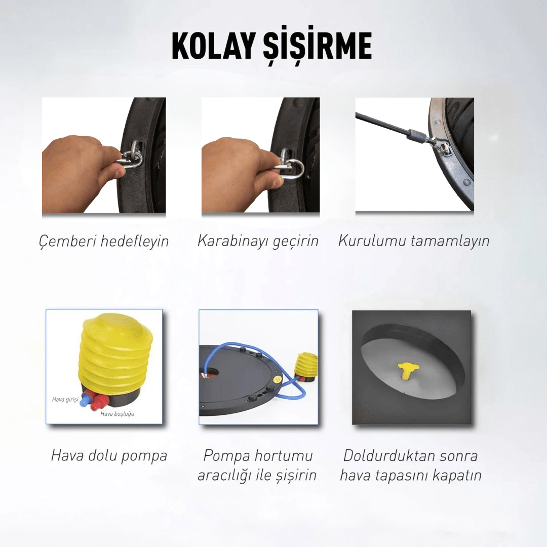 Rebuwo Siyah Bosu Ball Yarı Pilates Denge Topu 60 cm – Direnç Lastikli & Pompa Hediyeli, Ev ve Spor Salonu Egzersiz Aleti