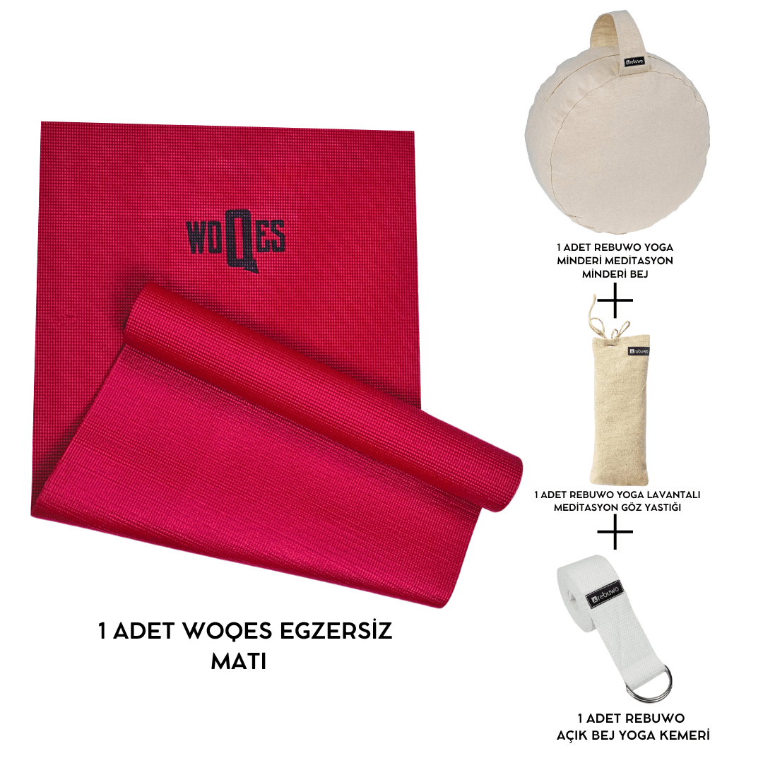 WOQES Temel Egzersiz Seti– Egzersiz Matı, Meditasyon Minderi, Yoga Kemeri,Göz Yastığı | Yoga ve Meditasyon Başlangıç Seti