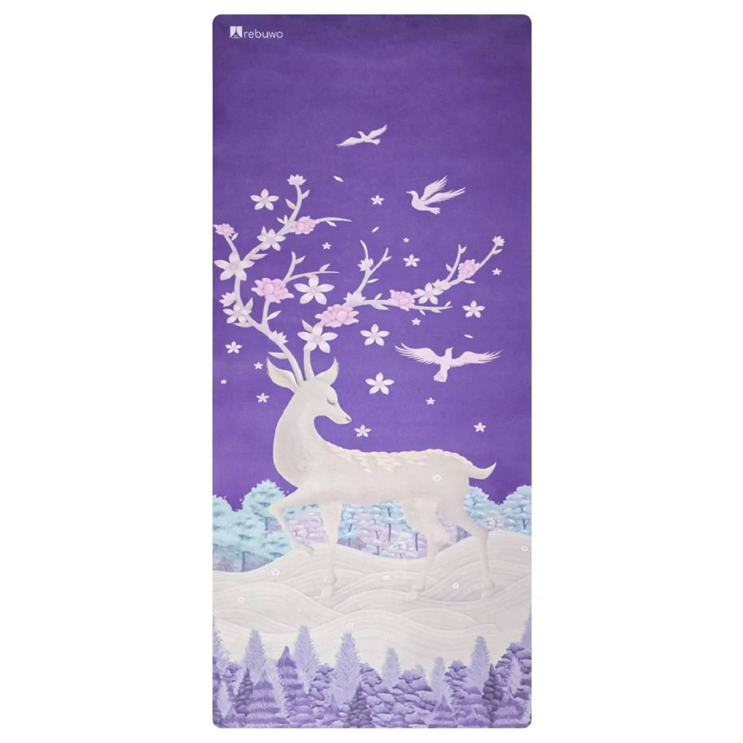 (OUTLET) Rebuwo Mor Geyik Desenli, Kaymaz 4mm Doğal Kauçuk Süet Çocuk Yoga ve Pilates Matı – Eğlenceli & Dayanıklı Purple Deer, Kids Yoga – Fun & Durable