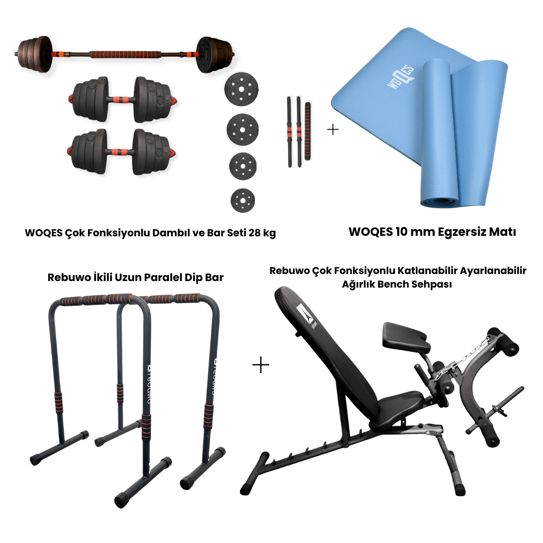 Woqes & Rebuwo Fitness Seti | Rebuwo Çok Fonksiyonlu Katlanabilir Bench Sehpası + 28 kg Ayarlanabilir Dambıl & Barbell Seti + İkili Paralel Dip Bar + WOQES 10 mm NBR Yoga Matı(Mavi)