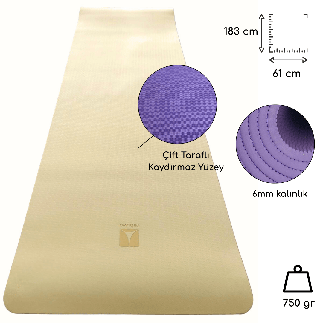 Rebuwo Çift Taraflı TPE Yoga Pilates Matı 6mm Kaymaz Hafif Taşınabilir – Lila & Sarı (Butter Yellow)