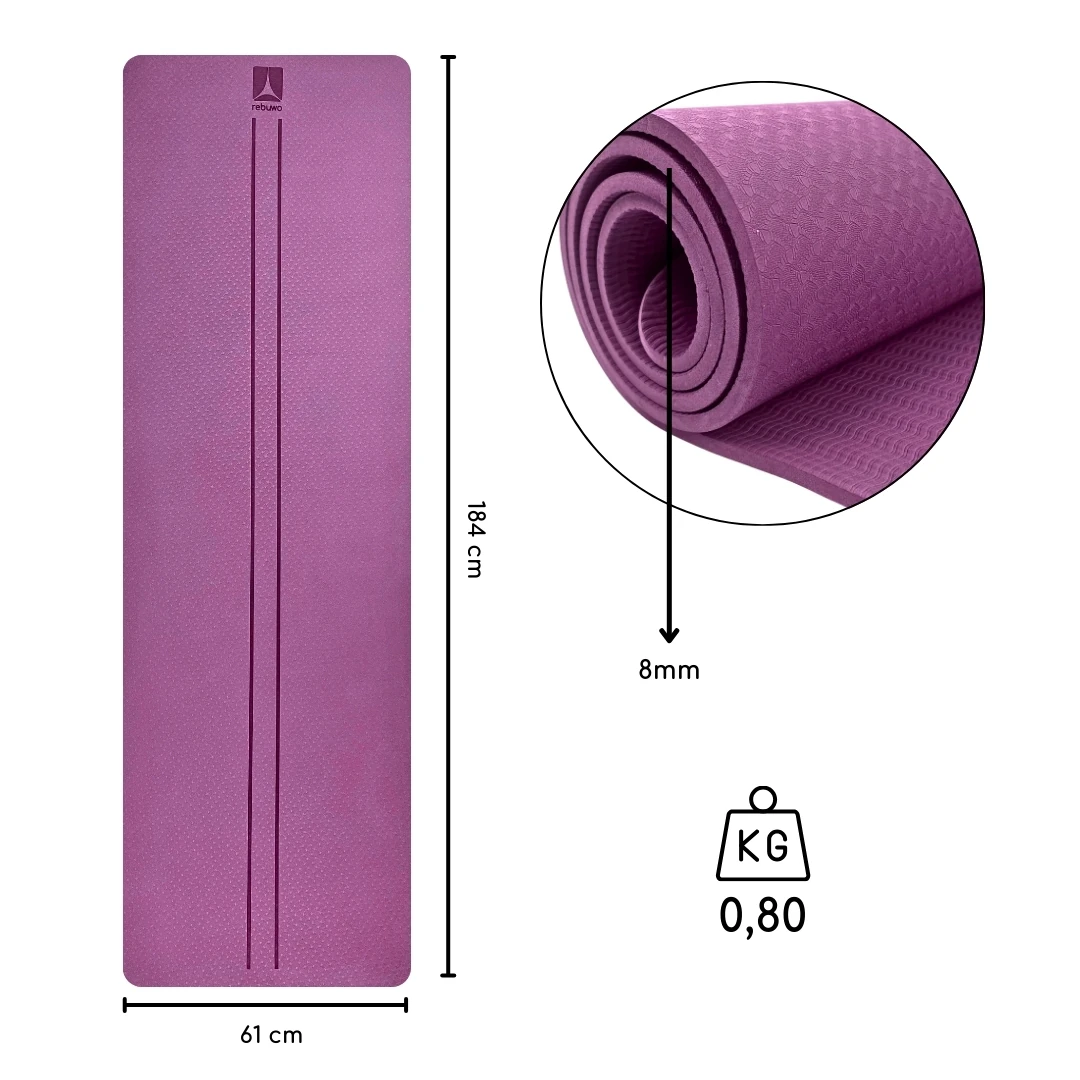 (OUTLET) Rebuwo Mor Çift Çizgili 8mm Kalın TPE Yoga ve Pilates Matı | Kaymaz, Konforlu, Ekstra Kalın Spor Matı Mor