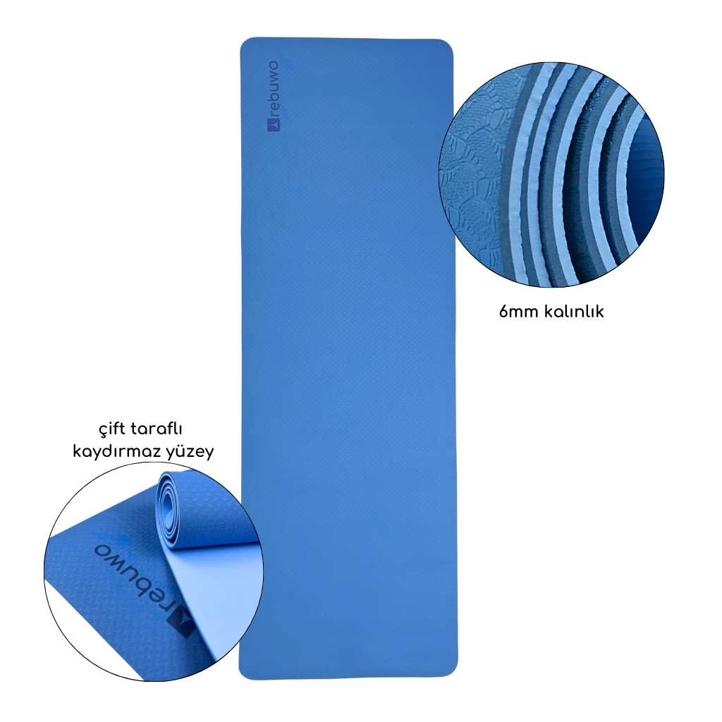 Çift Taraflı Kaydırmaz TPE Yoga Matı – 6mm Pilates Minderi | 181x61 cm Konforlu ve Dayanıklı Mavi