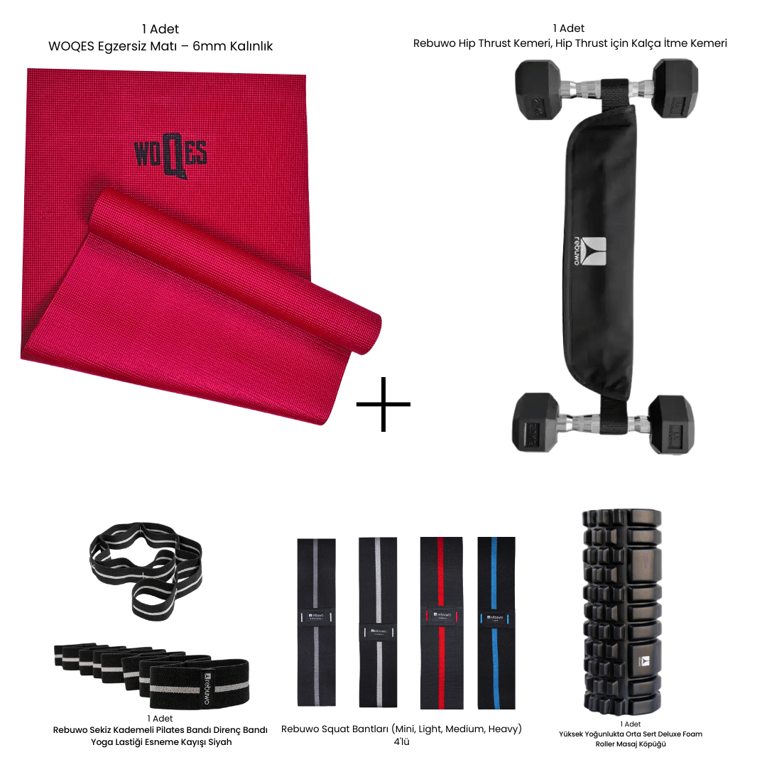 Rebuwo Pilates & Yoga Seti – Kırmızı WOQES Egzersiz Matı(6 mm) +Rebuwo Hip Thrust Kemeri+Siyah Yüksek Yoğunlukta Orta Sert Deluxe Foam Roller +Siyah 8 Kademeli Direnç Bandı + Rebuwo Squat Bantları (Mini, Light, Medium, Heavy)
